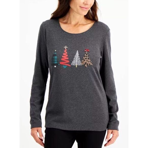 Karen Scott Holiday Christmas Tree Print Top women’s size Small - Picture 1 of 6